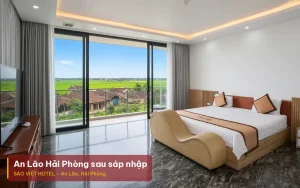 An Lão Hải Phòng sau sáp nhập – phòng lớn sàn đá, cửa kính nhìn ra cánh đồng tại Sao Việt Hotel, kèm tiêu đề bài viết