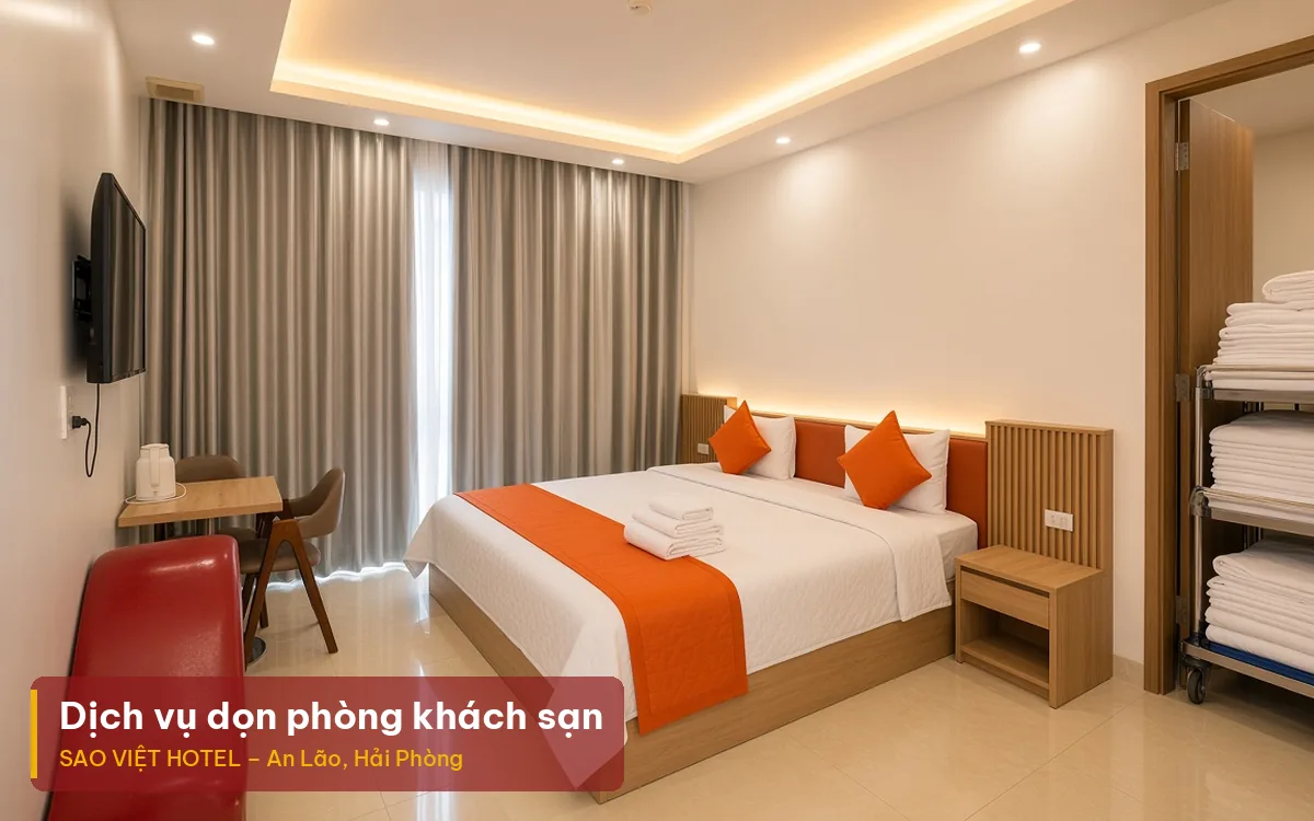 Dịch vụ dọn phòng khách sạn – ảnh phòng giường đôi ga trắng gọn gàng, kèm tiêu đề bài viết