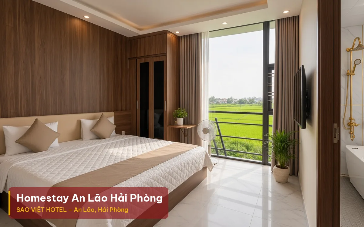 Homestay An Lão Hải Phòng – phòng ốp gỗ có giường đôi và ban công kính nhìn ra cánh đồng tại Sao Việt Hotel, kèm tiêu đề bài viết