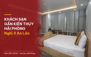 Khách sạn gần Kiến Thụy Hải Phòng – phòng rộng sàn đá tối, đèn hắt trần, TV và hoa tươi tại Sao Việt Hotel An Lão với tiêu đề bài viết