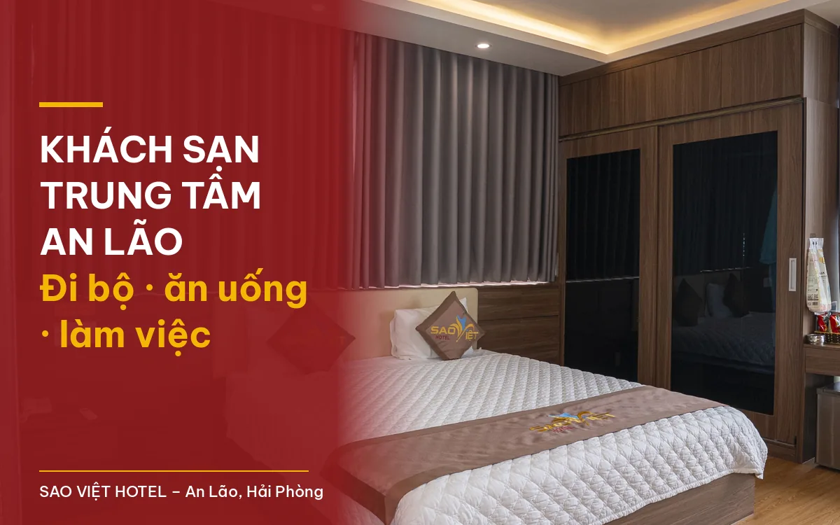 Khách sạn trung tâm An Lão – phòng giường đôi tủ gỗ tối và rèm xám tại Sao Việt Hotel với tiêu đề bài viết