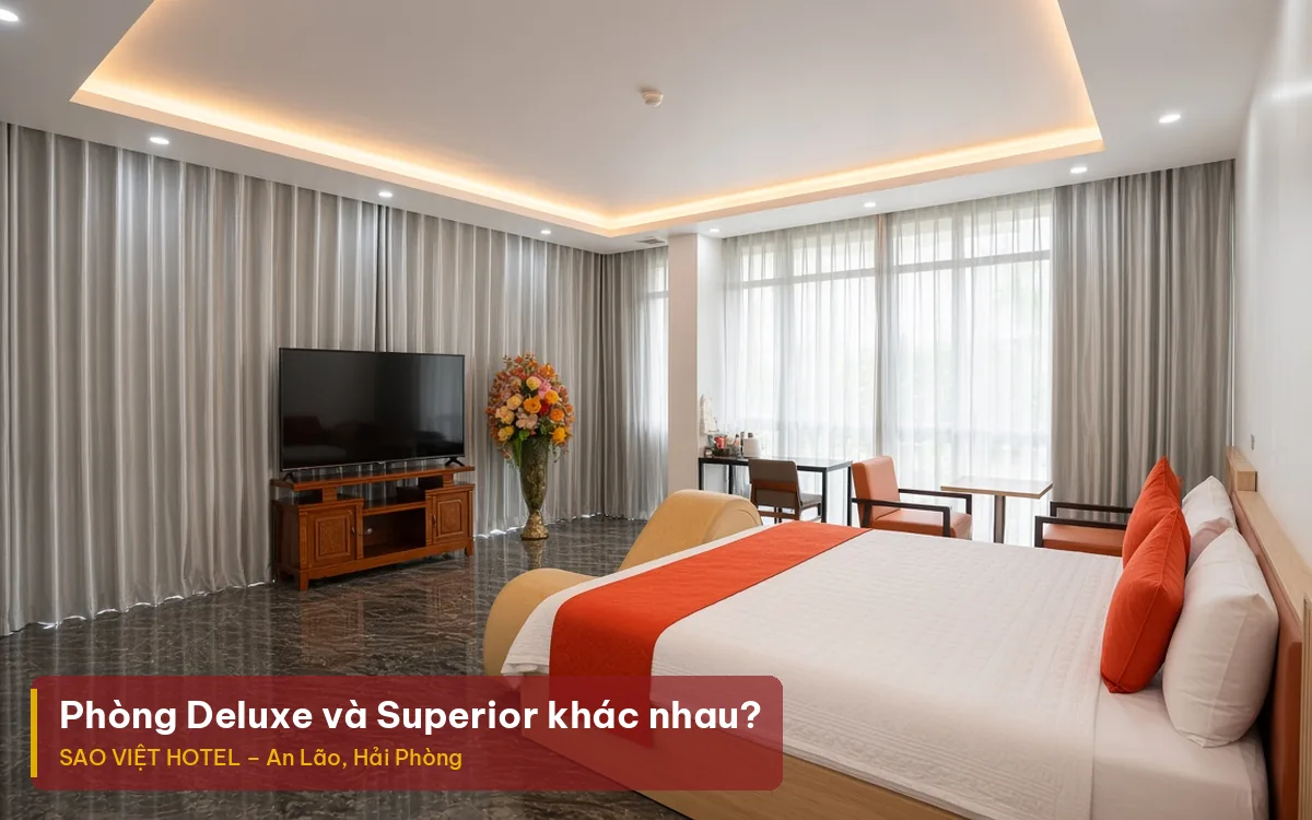 Phòng Deluxe và Superior khác nhau – ảnh minh hoạ phòng khách sạn rộng sàn đá tối màu, kèm tiêu đề bài viết của Sao Việt Hotel