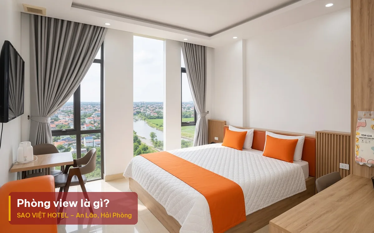 Phòng view là gì – ảnh phòng giường đôi nội thất gỗ có cửa kính lớn mở ra ban công, kèm tiêu đề bài viết
